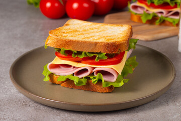 Close-up of two sandwiches with bacon, salami, prosciutto and fresh vegetables on rustic wooden cutting board. Club sandwich concept