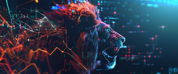 Lion illustration with a glowing red and blue mane made of digital particles on a dark blue background.