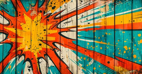 A weathered wooden surface bursts with a vibrant, comic book-style explosion of red, orange, yellow, and blue paint, splattered and streaked for a dynamic, energetic effect.