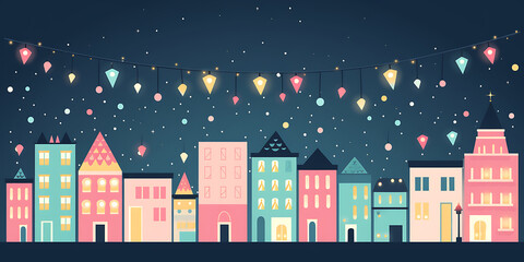 Fototapeta premium A beautiful winter night scene of a small town with colorful houses and twinkling lights.