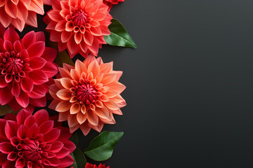 Red and pink dahlia flowers on a dark background, with a painterly, almost surreal quality, conveying a sense of calm and serenity.