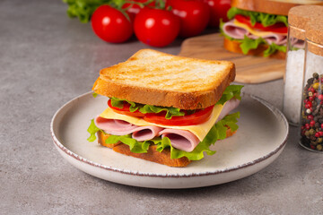 Close-up of two sandwiches with bacon, salami, prosciutto and fresh vegetables on rustic wooden cutting board. Club sandwich concept
