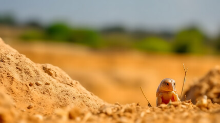 Cute sand lizard skillfully camouflaged in the desert