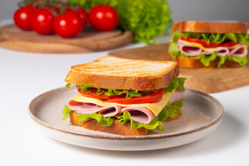 Close-up of two sandwiches with bacon, salami, prosciutto and fresh vegetables on rustic wooden...