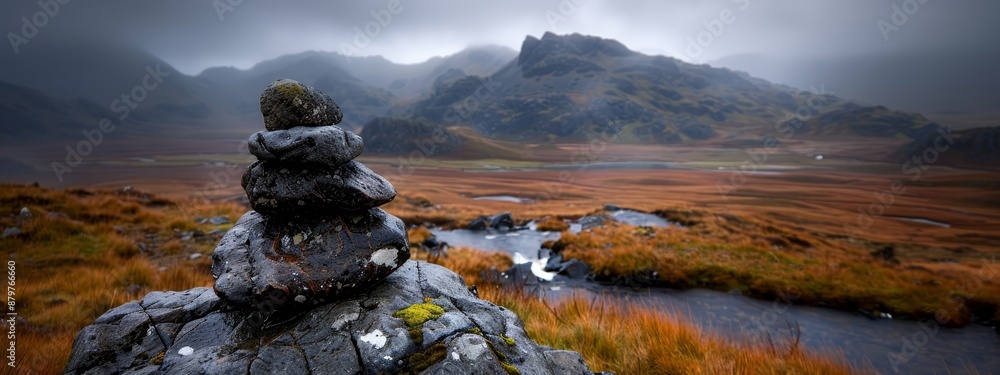 Canvas Prints a pile of rocks atop a verdant field beside a mountain, thickly carpeted with grass