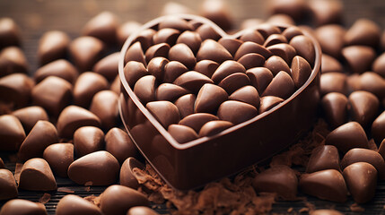 Fototapeta premium Heart shaped box filled with lots of chocolate candies on a wooden table