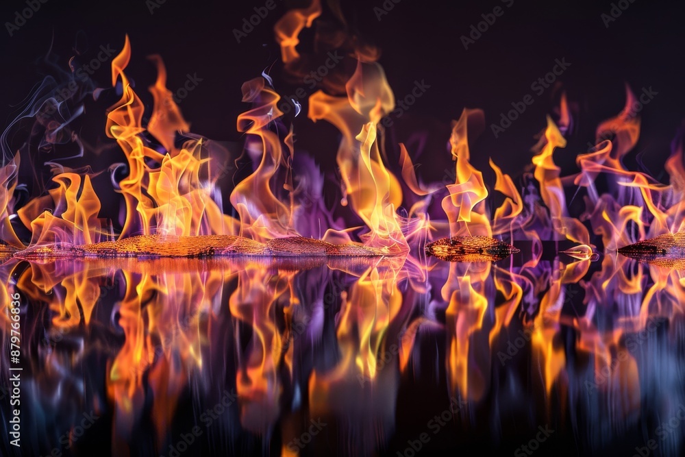 Poster multiple realistic fire flames dance in sync on a black background, creating a mesmerizing and artis