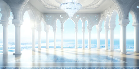 Bright airy and spacious white arabic style palace interior with intricate geometric patterns and shiny reflective surfaces