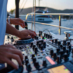 DJ hands mixing music on console mixer board at a luxury yacht party at sea in summer on vacation close-up dj,
