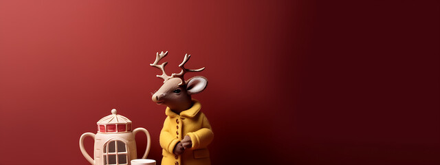 Fototapeta premium A cute deer wearing a yellow coat stands beside a ceramic cottage on a red background.