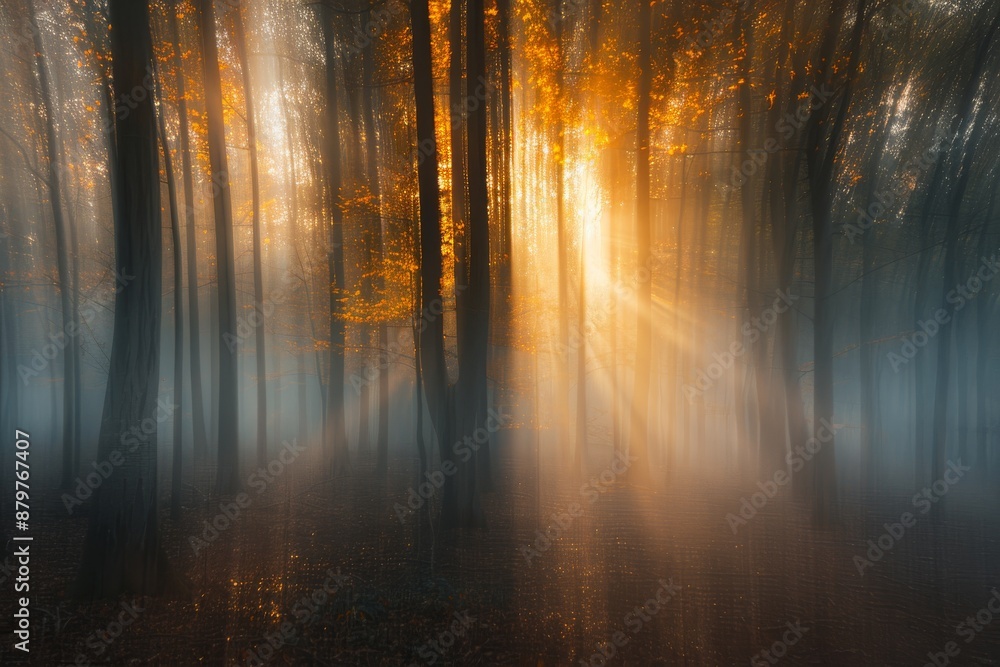 Poster sunlight beams through a misty forest, illuminating the trunks of trees and creating a sense of sere