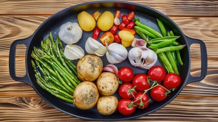 Vegetable dish with various ingredients on a wooden table