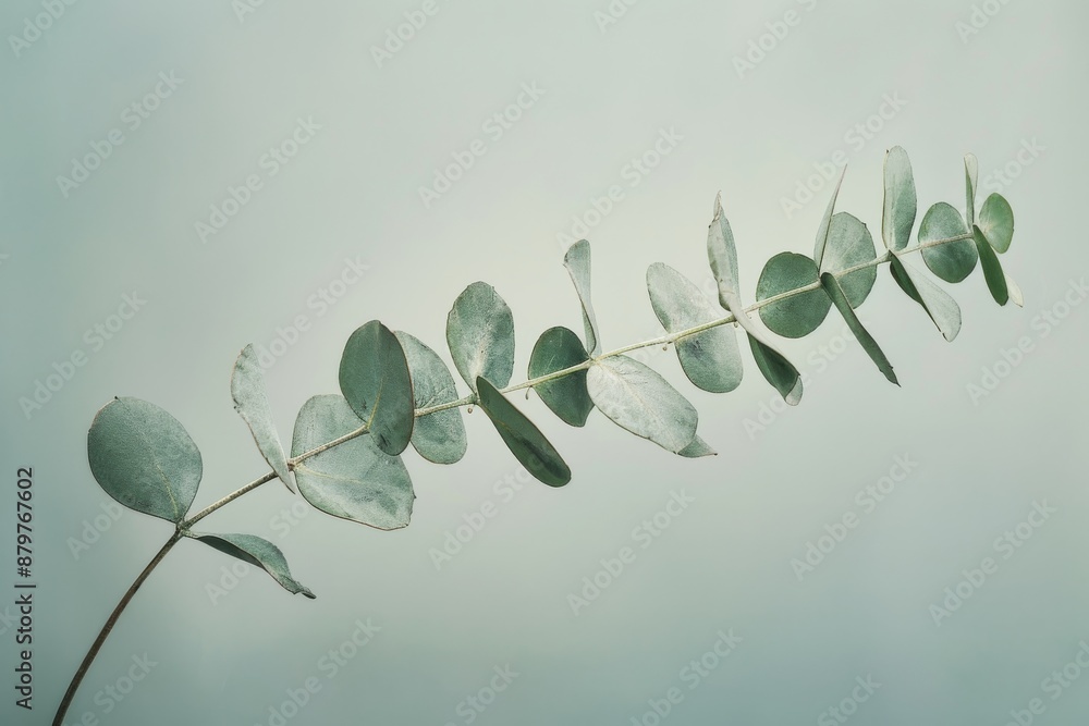 Poster a single branch of eucalyptus leaves against a soft gray background. the leaves are in focus, while 