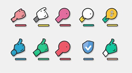 A series of playful and colorful icons featuring rounded design elements, representing various gestures and actions in a simplistic and engaging manner.