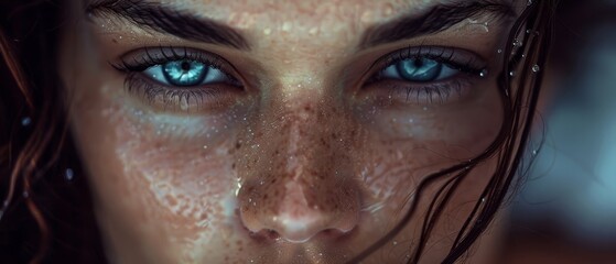  A tight shot of a woman's face, her blue eyes bright and dotted with freckles, resembling scattered raindrops