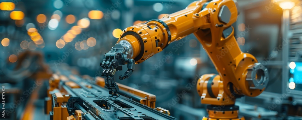 Poster a robot arm assembling a complex piece of machinery, its movements precise and efficient.
