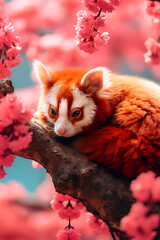 A cute red panda is sitting on a branch of a cherry blossom tree, surrounded by delicate pink flowers.