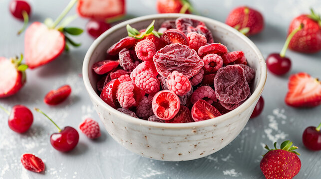 There is a bowl full of freeze-dried strawberries and cherries on the table, offering a healthy and tasty snack.