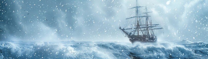 Obraz premium Snowcovered ship sailing through a snowy sea, merging maritime resilience with winter chill, vivid and detailed