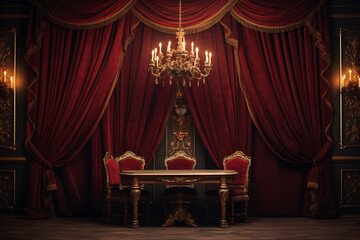 Ornate golden table and chairs sit regally in a room with red velvet curtains and a sparkling chandelier.
