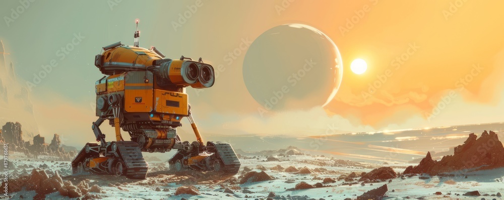 Poster a robot exploring a desolate alien world, its curiosity and resilience guiding its path.