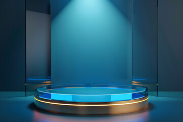 Blue and gold 3D rendering of a podium with a spotlight on it.