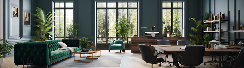 A home office with a large green velvet sofa, dark wood floors, and lots of plants