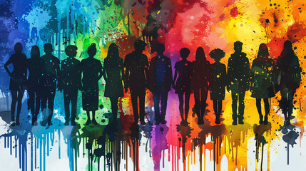 The shadows of a diverse group of people, whose silhouettes are decorated with bright splashes of paint, symbolize common action and unity in diversity.