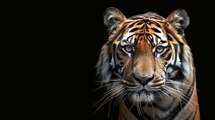 Fototapeta premium An image portraying a tiger’s face with a fierce gaze directly into the camera, set against a black background, celebrating the animal's strength and sheer elegance in all its glory.