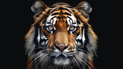 Naklejka premium This stunning image captures a close-up of a majestic tiger's face, displaying its fierce eyes, stripes, and powerful presence in exquisite detail.