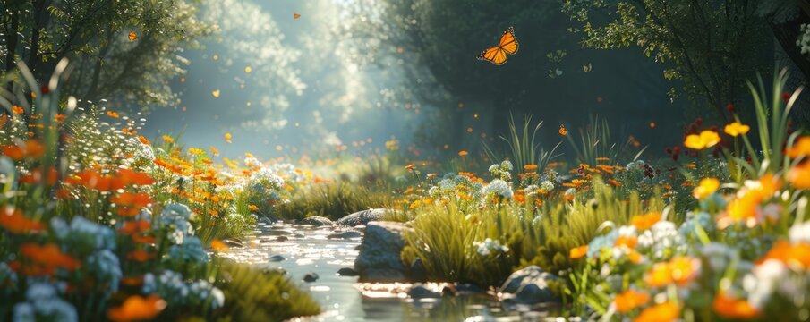 A serene meadow filled with wildflowers and butterflies, with a babbling brook running through it.