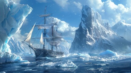 Obraz premium A ship sailing through icebergs, blending nautical adventure with icy terrain, realistic detail