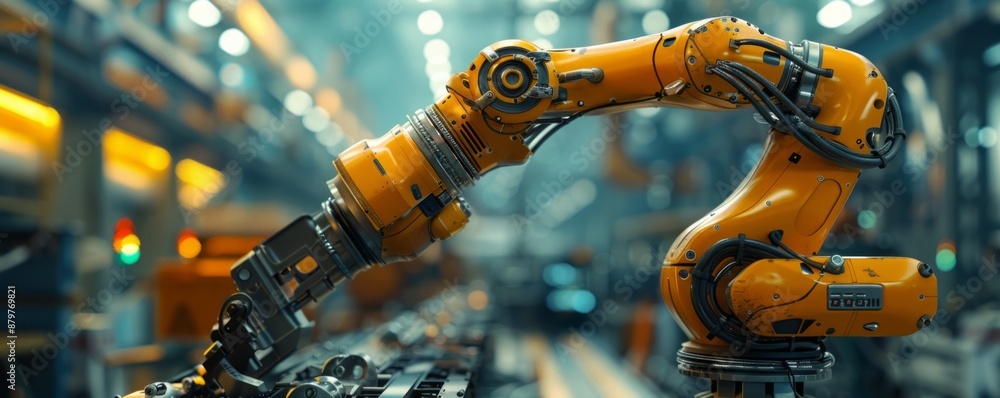 Poster a robot arm assembling a complex piece of machinery, its movements precise and efficient.