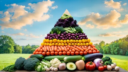 Assorted of vegetables in shape of pyramid on field background.