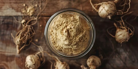 Fototapeta premium Peruvian Maca Root Powder A Nutrient-Rich Superfood with Medicinal Properties. Concept Peruvian Maca Root, Superfood Benefits, Medicinal Properties, Nutrient-Rich Supplement