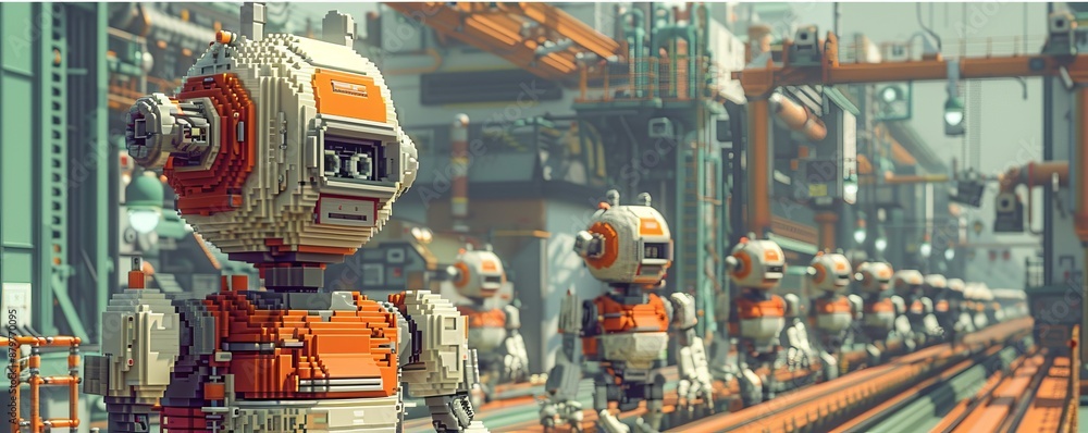 Aufkleber a pixel art rendition of a pixelated robot factory, with pixelated assembly lines churning out pixel