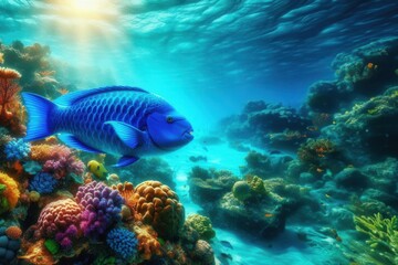 Fototapeta premium A vibrant blue parrotfish (Chlorurus sordidus) swimming gracefully through the crystal-clear tropical waters of the ocean