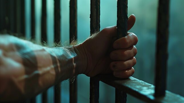 A close-up view of a hand gripping old prison bars symbolizing confinement, human strength, and resilience in a harsh environment, emphasizing emotions like hope and despair.