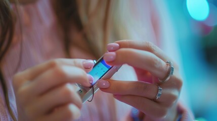 Close-up image showcasing hands with manicured nails carefully examining a small electronic device, capturing attention to detail and technological curiosity.