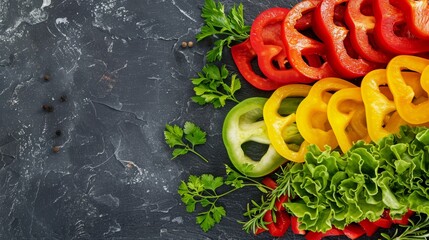 Vibrant Bell Pepper Slices on Slate Background Perfect for Culinary Designs and Food Posters
