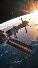 Obraz premium Space Station Sunrise: Celestial Awakening, 4K hyperrealistic photo