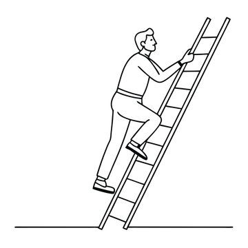 recommend clip art: a man climbing up a ladder. line art vector illustration, isolated on a white background 