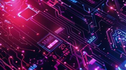 Fototapeta premium Futuristic Tech-Themed Banner for 2+1 Sale Event with Neon Colors and Circuit Patterns