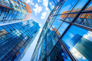 Obraz premium A low-angle view of a contemporary office building in a downtown cityscape, with mirrored windows reflecting the blue sky and other buildings