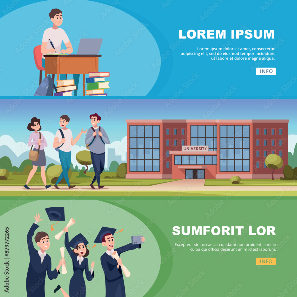 Poster university people. students studying learning in university horizontal banners with place for text