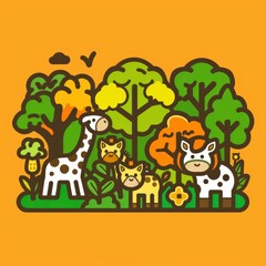 Fototapeta premium cute giraffe and tree logo sticker, Sticker, outline, vector, savannah, simple, yellow, green, kawaii