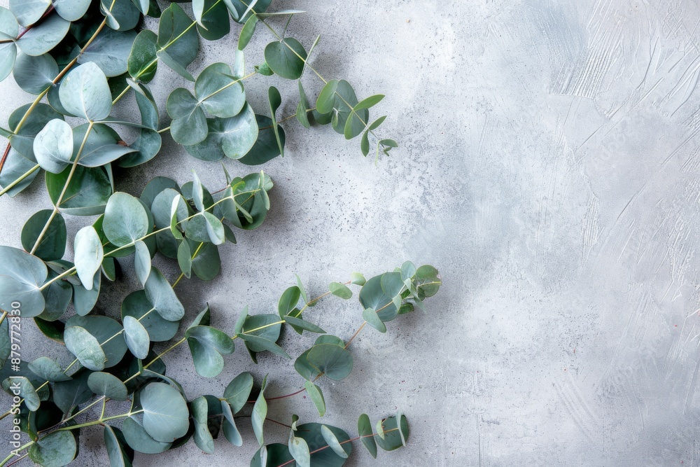 Poster eucalyptus branches are arranged artfully on a pastel gray tabletop, creating a simple, elegant back