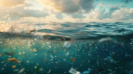 Marine debris including microplastic pellets floating on the ocean surface, illustrating widespread water pollution