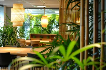 Fototapeta premium Modern office with circular wooden table and black chairs, lush green plants, bamboo wall, energy-efficient lighting like woven pendant lamp