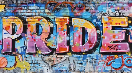 Obraz premium Graffiti art displaying the word pride in vibrant colors painted on a brick wall, adorned with artistic urban elements, representing self-expression in the LGBTQ community